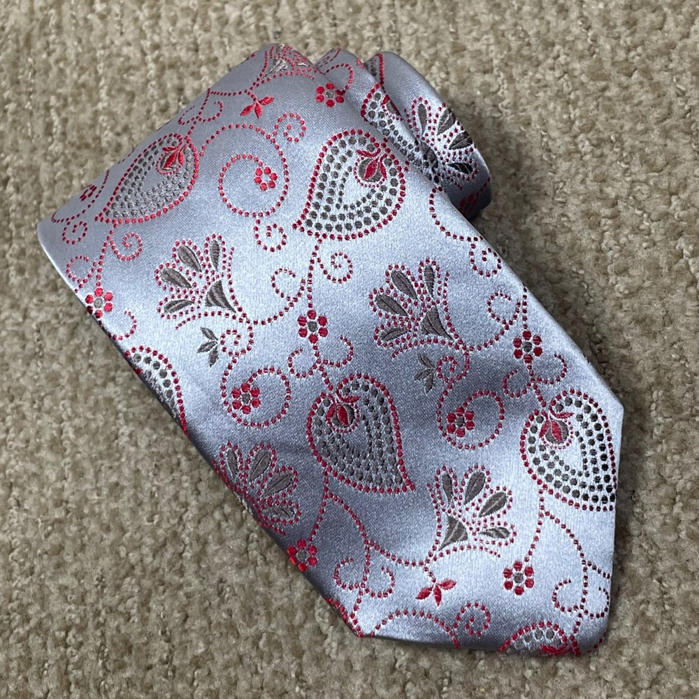 Paul Fredrick Silk Necktie Mens Silver Red Paisley Floral Formal Business Tie